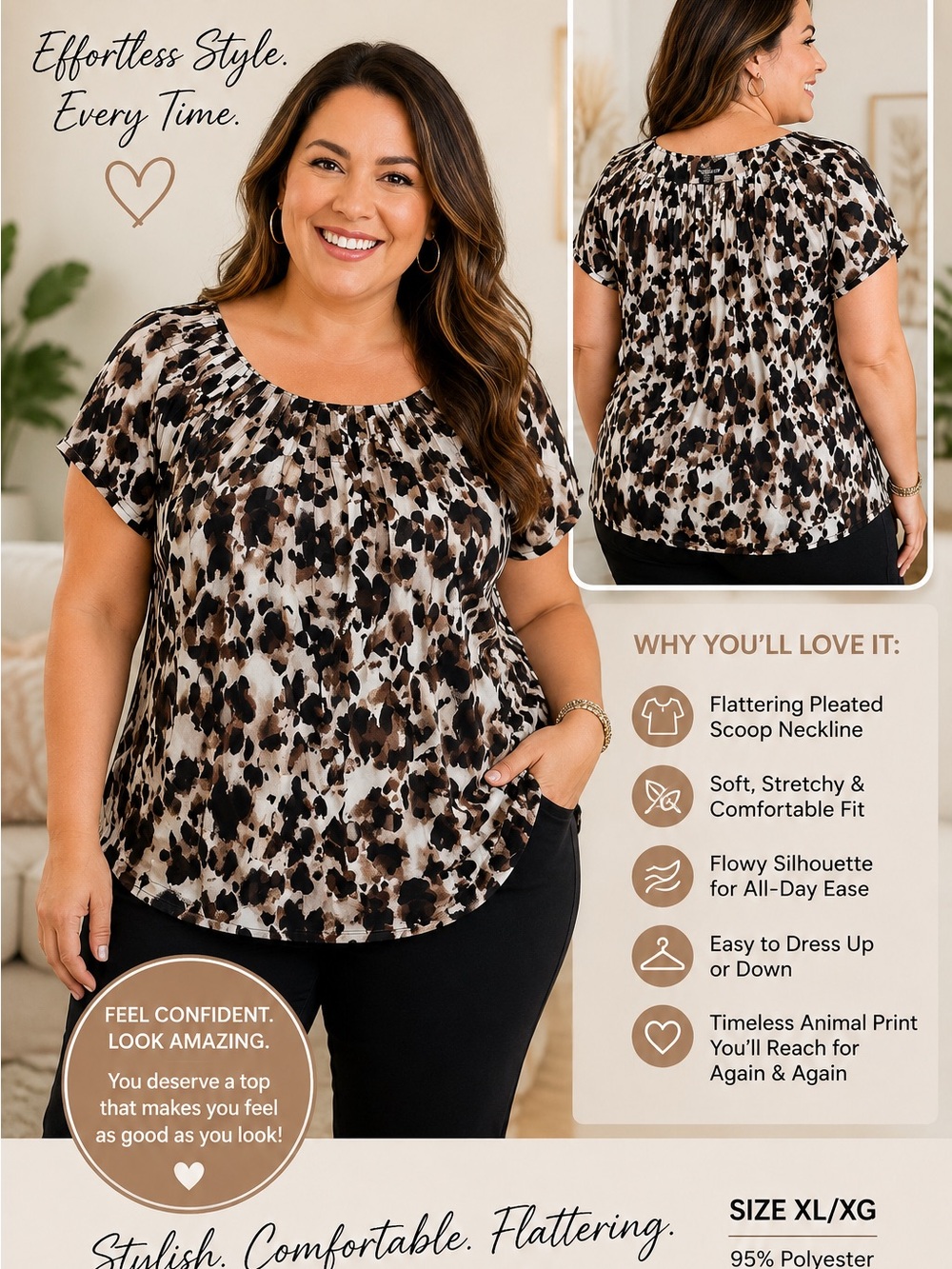Valerie Stevens Animal Print Pleated Scoop Top - Black, Cream & Brown
